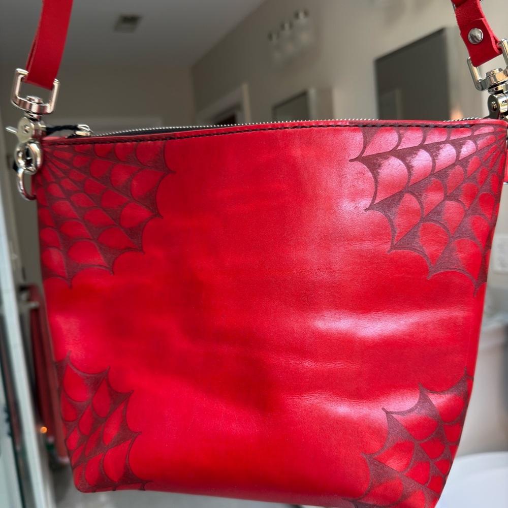 Red Crossbody Bag with Spider Web Design